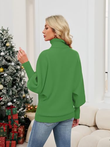 SunnyMelody Womens Cute Christmas Turtleneck Batwing Long Sleeve Oversized Sweaters for Women Fall Winter 2025 Holiday Party Funny Merry Letter Reindeer Xmas Knit Sweater Pullover Tops Green S — view 3