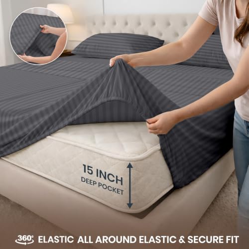 Image of SGI Split King Sheet Set for Adjustable Bed Egyptian Premium Cotton 600 Thread Count Sheets for Sleep Number Bed 15 inch Deep Pocket 5 Pc Set with 2 Twin XL Fitted Sheets Soft Breathable -Dark Grey Stripe