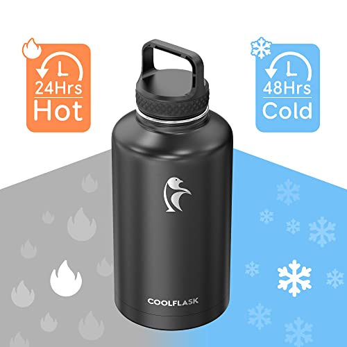 Coolflask 64 Oz Water Bottle Insulated With Straw & 3 Lids, Large Metal Stainless Steel Water Jug Big Half Gallon Wide Mouth For Sports, Gym Or Office, Bpa-Free Keep Cold 48H Hot 24H, Magic Black #TOP2