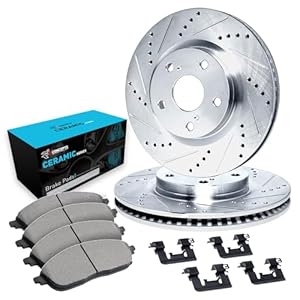 R1 Concepts Front Brake Kit For 2013-2016 Nissan Sentra FE+S Sedan; 2013-2019 Nissan Sentra S, SL, SR, SV Sedan| Drilled Slotted Brake Rotors| Ceramic Brake Pads and Rotors Kit|Hardware included