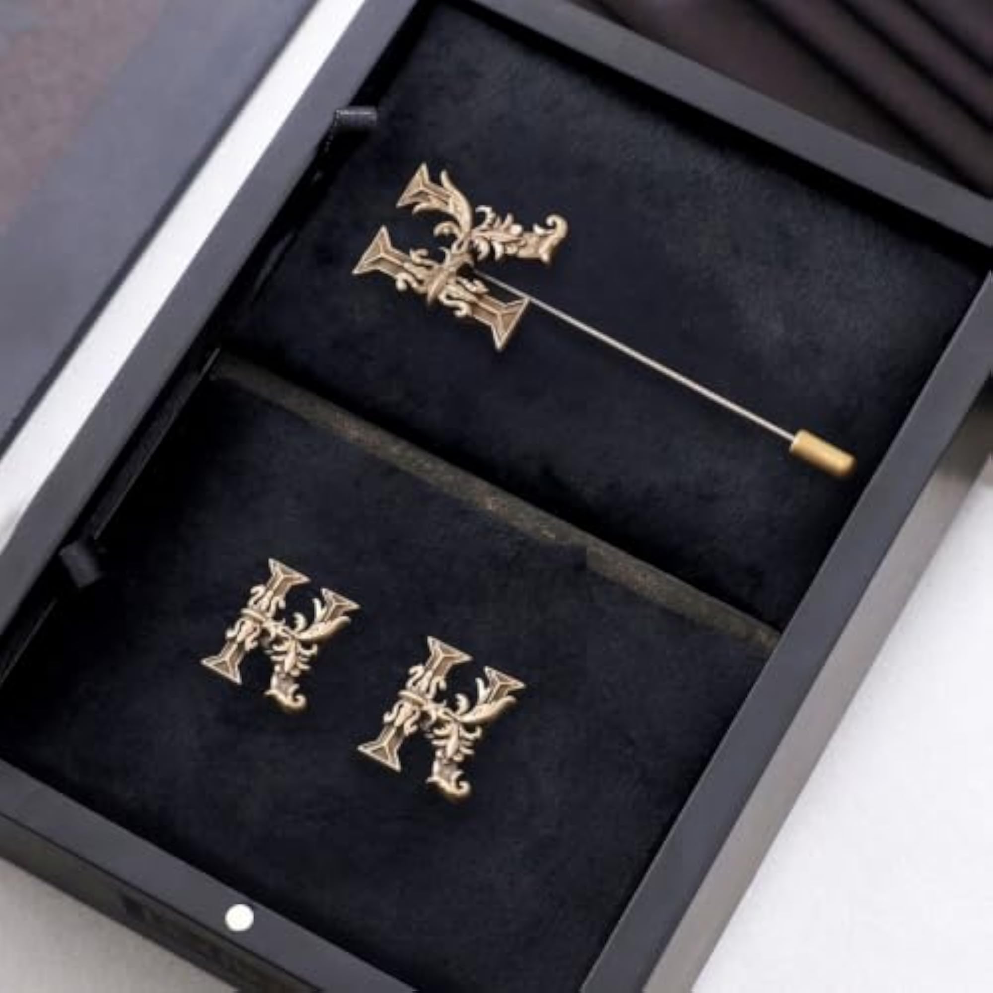 Antique Brass K Alphabet Cufflink & Lapel Pin Combo