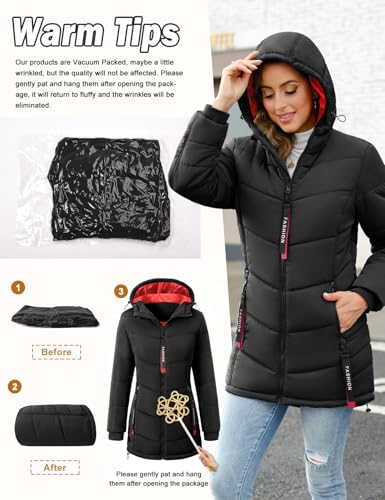 Yuson Girl Wintermantel Damen Warm Steppjacke Parka Lang Mantel Winter Jacke mit Kapuze Herbst Winter Steppmantel Outdoorjacke Elegant Kapuzenmantel mit Zipper, Tasche(Schwarz, M)