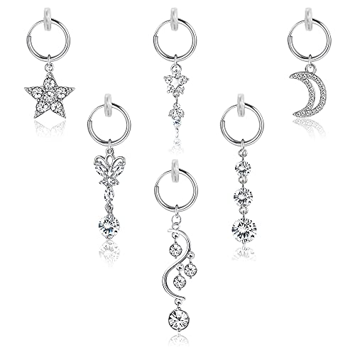 Fiasaso Clip on Belly Button Rings Stainless Steel Moon Star CZÂ Non Piercing Fake Belly Ring Dangle Fake Navel Rings for Women Fake Belly Piercing Jewelry