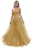 Eightale Tulle Lace Applique Long Prom Dress Sparkly for Women with Slit Beaded V-Neck Formal Evening Dress Gold A Line Petite US2