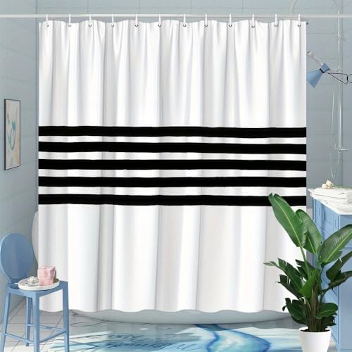 Rideau de douche imperméable à rayures noires et blanches en polyester anti-moisissure - 3