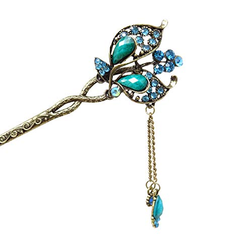 Honbay Chinese Style Retro Tassel Blue Butterfly Hair Stick Hair Chopsticks Hairpin Chignon