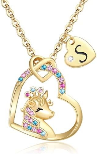 Chunyee Unicorn Gifts for Girls, Colorful CZ Heart Unicorn Necklaces Initial Nec