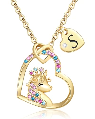Chunyee Unicorn Gifts for Girls, Colorful CZ Heart Unicorn Necklaces Initial Necklace Birthday Christmas Gift for Girls Teens