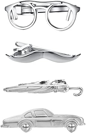 RunootPR 4Pcs Tie Clips for Men Unique Silver Glasses Beard Umbrella Car Tie Bar Set Personalized Holiday Birthday Jewelry Gift