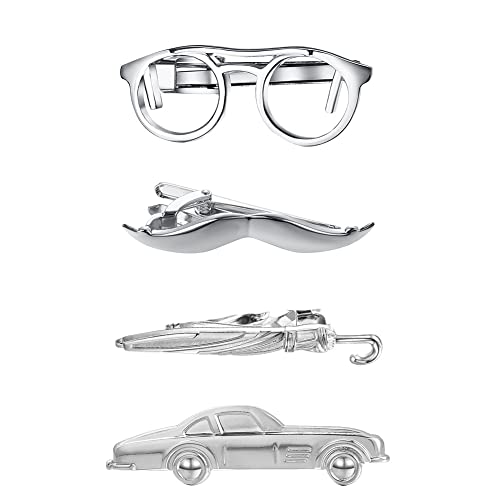 Runootpr 4Pcs Tie Clips For Men Unique Silver Glasses Beard Umbrella Car Tie Bar Set Personalized Holiday Birthday Jewelry Gift #TOP27