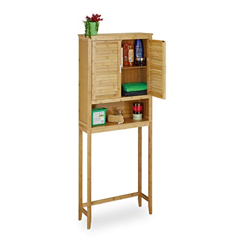 Relaxdays Waschmaschinenschrank Lamell Bambus, Überschrank, Badschrank mit Flügeltüren, Holz, Ablage, HxBxT: ca. 176 x 70 x 22,5 cm, Natur