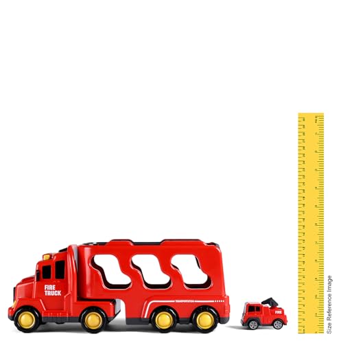 Image of Play Nation 5-in-1 Friction-Powered Truck Toy Set with Light&Sound-Educational Transport Carrier Vehicle for Kids 3 Years+,Emergency Rescue Toy for Girls&Boys,Birthday Gift (Fire,Red)