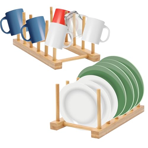 2 Pcs Porte-Couvercles, égouttoir à Vaisselle, Support en Bambou pour Assiettes, Egouttoir Range Couvercles, Rangement Cuisine en Bois, 5 Cellules, 25 * 11,5 * 10 cm, pour Vaisselle, Verres à vin