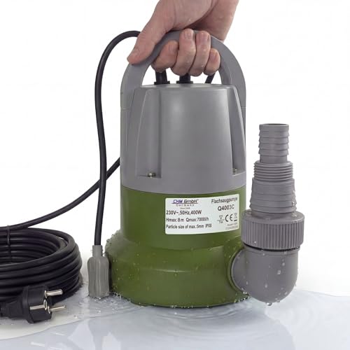 Tauchpumpe mit integriertem schwimmer und Überhitzungsschutz von CHM GmbH® - Flachsaugend bis 1mm (400 Watt, 6000 L/h) Förderhöhe max 6m