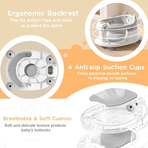 Image of Baby Bath Seat for Babies 6 Months & Up, Toddler Bath Seats for Babies Sitting Up, Non-Slip Infant Bath Tub Chair with 4 Suction Cups & Soft Cushion for Shower, Compact Toddler Bathtub Seat, Gray