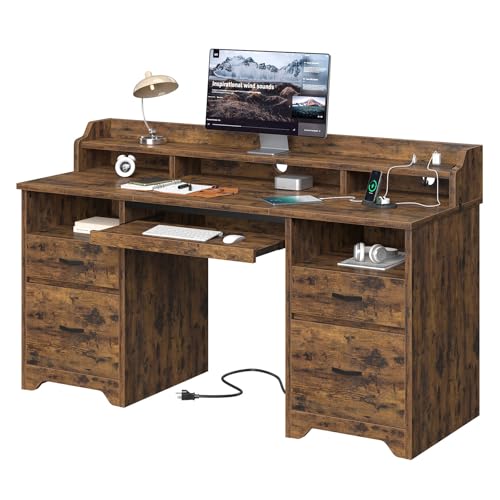 Bestier Farmhouse 59" Executive Desk with Drawers, Wood Computer Desk