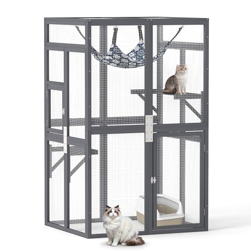 Catio Outdoor Cat Enclosure,Cattery Outdoor/Indoor for cats, Wooden Cat House Shelter, Kitty Cage with 3 Platforms for Patio Indoor,Accommodate Up to 3 Cats
