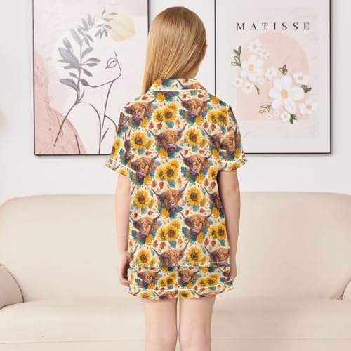 ALAZA Watercolor Yak Cow Sunflower Blossom Satin Pajamas Set Short Sleeve Button Down Sleepwear Summer Pjs 2 Piece4
