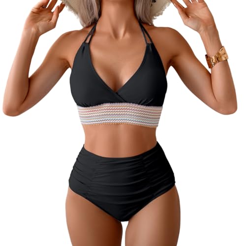 Cromi Womens High Waisted Bikini Sets Tummy Control Swimsuits Color Block Bathing Suit High Cut Swimwear