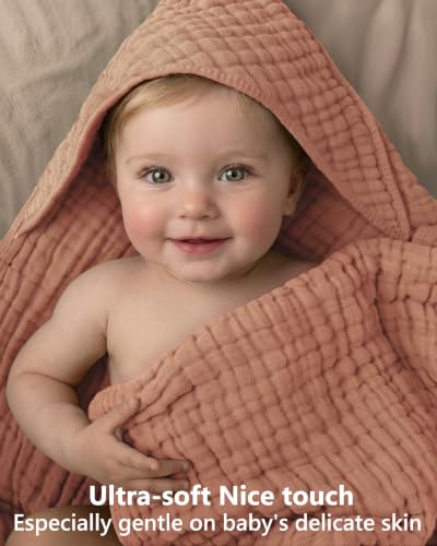 Image of Baby Bath Towels, 100% Muslin Cotton Hooded Baby Towels for Newborn, 2 Pack Baby Towels with Hood for Infant Toddler and Kids, Large 32x32Inch Bath Essentials, Soft and Absorbent Orange Rainbow