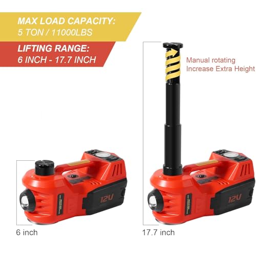 Image of Electric Car Jack Kit 5 Ton 12V Floor Jack with Impact Wrench and Tire Inflator Pump Portable Hydraulic Car Jack for SUV Sedans Tire Change with LED Light, Lifting Height 6 to 17.7 Inch