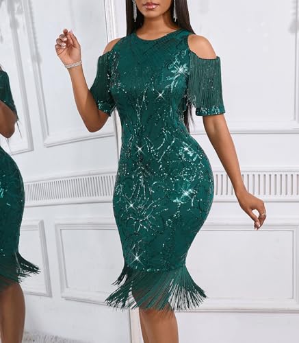 Image of Cololura Sexy Elegant Women Sequin Long Sleeve Tassel Bodycon Midi Dress Party Evening Gown Formal Dress
