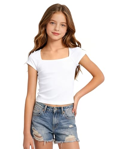Image of Crop Tops for Girls Short Sleeve Shirt Girls Summer Tops Square Neck Slim Fit Tops Basic Tee