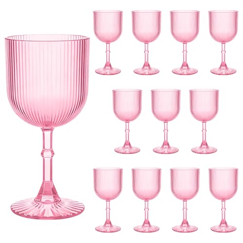 LEYIQU Plastic Goblets 9oz Ribbed Acrylic Wine Glasses Vintage Drinking Glasses with Stem Unbreakable Reusable Disposable Water Goblets Bulk for Parties Weddings (Light Pink 12pcs)