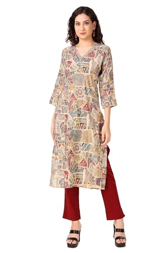 Ladyline Womens Maslin Silk Printed Tunic Top Mirror Work Embroidered V Neck Long Kurti Kurta (SPEK SHCA) (44/Beige)