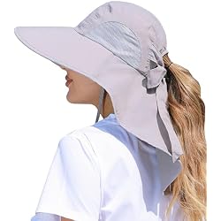 SENWAI Womens Sun Hat Outdoor UV Protection Wide Brim Fishing Hat with Ponytail Hole Neck Flap for Beach Hiking Camping