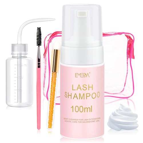 EMEDA 100ML Champú para pestañas con cepillo y botella de aclarado Kit champú espumante para pestañas extensiones Limpiador de Espuma de pestañas para uso en salón y en casa sin aceite
