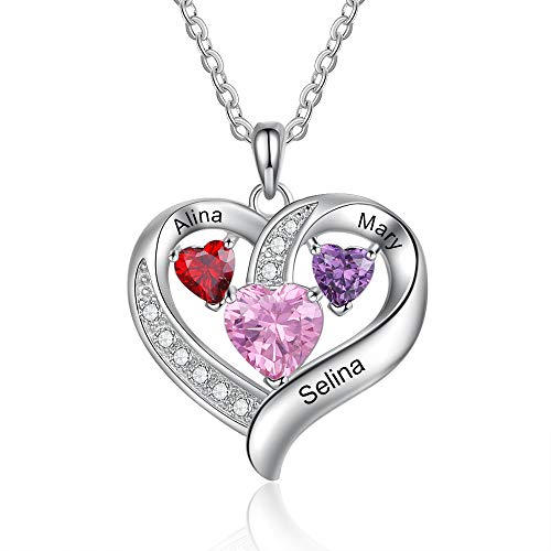 Ashleymade Personalisierte Damen Halskette Silberbeschichtung Mutter Tochter Schmuck Schnitzname und Geburtstagsstein Herz -veränderter Anhänger Muttertag geschenk Cover