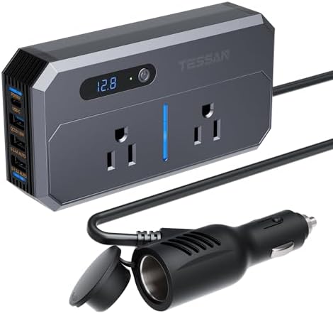 200W Car Power Inverter, TESSAN 12V DC to 110V AC Converter with 2 AC Outlets and 4 USB Ports, PD/QC 3.0 Fast Charging, Car-Essentials for Camping, Road Trip, Gray