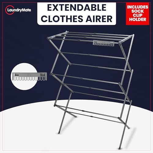 Laundry Mate Extendable Clothes Airer - 3-Tier Space-Saving Foldable Laundry Rack with Sock Clips - Heavy-Duty Indoor & Outdoor Use - Image 2