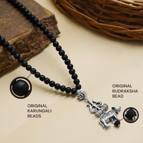 Image of Japam Silver Plated Karungali Mala for Men | Black Wood Spiritual Beads with Trishool Nandi Pendant | Hindu Puja & Meditation Necklace | Certificate of Authenticity