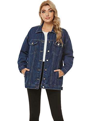 PUWEI Women's Oversized Denim Jacket Distressed Lapel Button Up Long Sleeve Jean Jacket with Pockets3