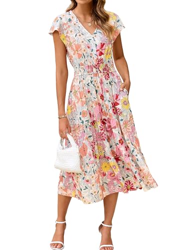 BerryGo Women's Floral Boho Ruffle Summer Midi Dress Short Sleeve V Neck Empire Waist Swing Flowy Dress