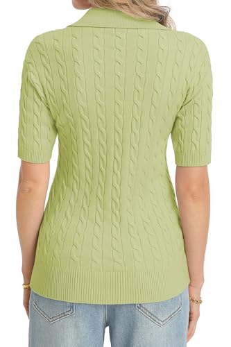 Image of QUALFORT Cable Knit Women's Short Sleeve Sweater Soft V Neck Polo Tops