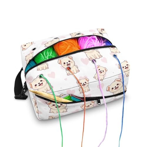 Image of Drnuikhe Cute Puppy Print Crochet Bag Kitting Bag for Yarn Storage Crochet Bag Knitting Bag Yarn Storage with Shoulder Strap for Crochet Hooks Skein