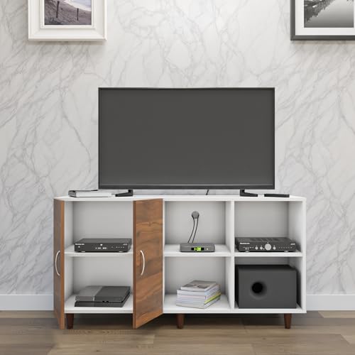 Image of VIKI Modern TV Unit for Living Room | Engineered Wood TV Cabinet with 2 Door Storage & 2 Open Shelves, Entertainment Unit, 140W x 74H x 40D cm | DIY | 1 Year Warranty (White & Walnut)