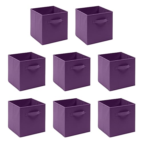Foldable Fabric Storage Cube Organiser Bins, Collapsible Basket with Handles For Home, Kids Baby Nursery Room, Closet Toys Organisation, 26.5 x 26.5x 28 cm (Dark Purple, Set of 8)