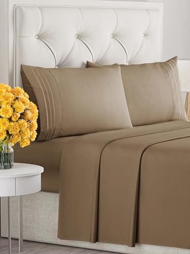 Image of Queen Size 4 Piece Sheet Set - Ultra Soft & Cooling Sheets - Neutral Brown | Fits 8 Inch to 16 inch Mattress, Wrinkle Free & Fade Resistant with Deep Pockets, Breathable, Comfy Hotel Luxury Bedding