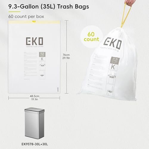 Image of EKO 9.3 Gallon / 30-35 Liter Drawstring Trash Bags, 60 Count Heavy-Duty Tall Kitchen Garbage Can Liners, Extra-Strong Leak-Resistant, Unscented, White, Code K