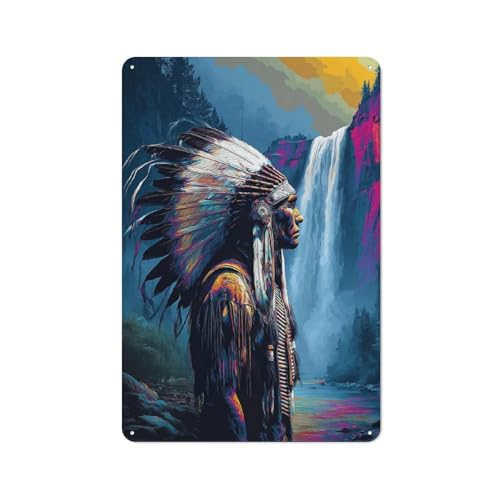 Image of Native American Chief with Feathered Headdress Rustic Metal Wall Decor 30x20cm, Decorative Tin Sign for Farmhouse Kitchen, Pantry Or Dining Area