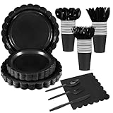 Xiangqu 175 Pcs Black Plates and Napkins 25 Guest Black Party Supplies Includes Scalloped Party Plate Napkins Cups Plastic Cutlery for Birthday, New Year