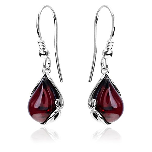 Black Cherry Amber Sterling Silver Fishhook Earrings