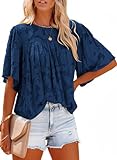 Dokotoo Women Lace Patchwork Black Tops Crewneck Bell Sleeve Babydoll Blouses for Women Fashion 2023 Dressy Casual Blue Plus Size Tops Loose Flowy Workout Summer Shirts XX-Large