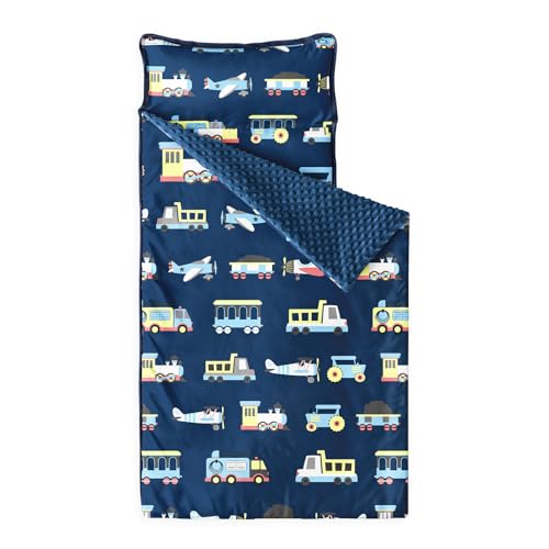 Image of Wake In Cloud - Toddler Nap Mat with Pillow and Minky Fleece Blanket, for Kids Boys Ages 3 Plus in Daycare Preschool Kindergarten, Roll Up Sleeping Bag, Planes Trains Trucks