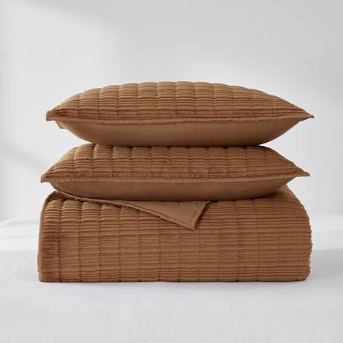 Image of Wonderful Corduroy Texture Caramel Quilt Set Queen - Hypoallergenic Skin-Friendly Soft Plush Velvety Touch Bedspread, Classic Vertical Striped Lightweight Coverlet for All Season, 94 inchx94 inch