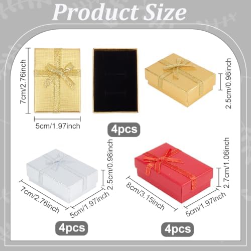 PH PandaHall 12 Pack 3 Colors Small Jewelry Gift Boxes 2x2.7x1 inch Cardboard Earring Box Necklace Box with Bowknot for Valentine's Day Jewelry Storage Decoration, Gold/Silver/Red